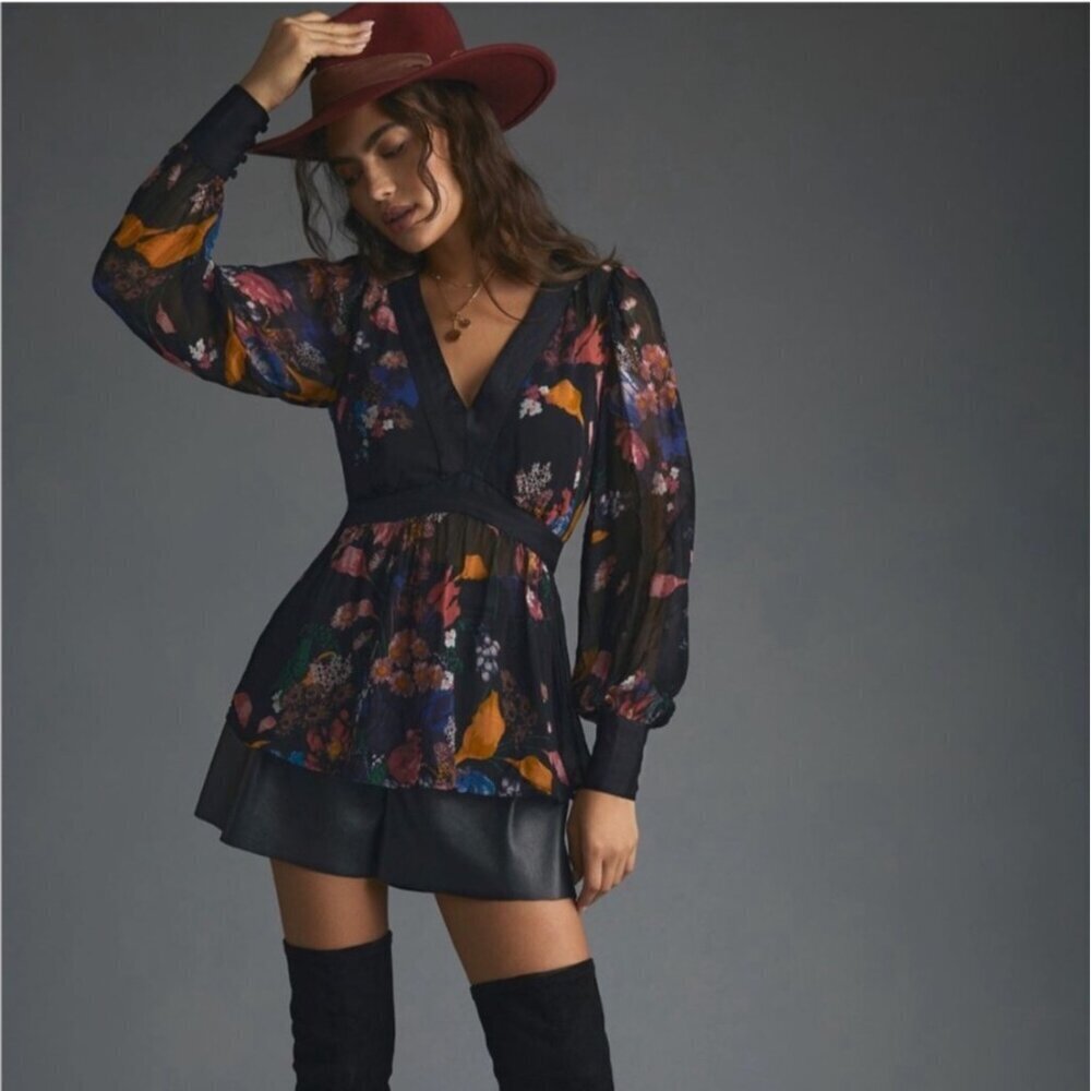 Anthropologie Maeve Floral Chiffon Open Back Tunic Blouse Cottagecore Size 0